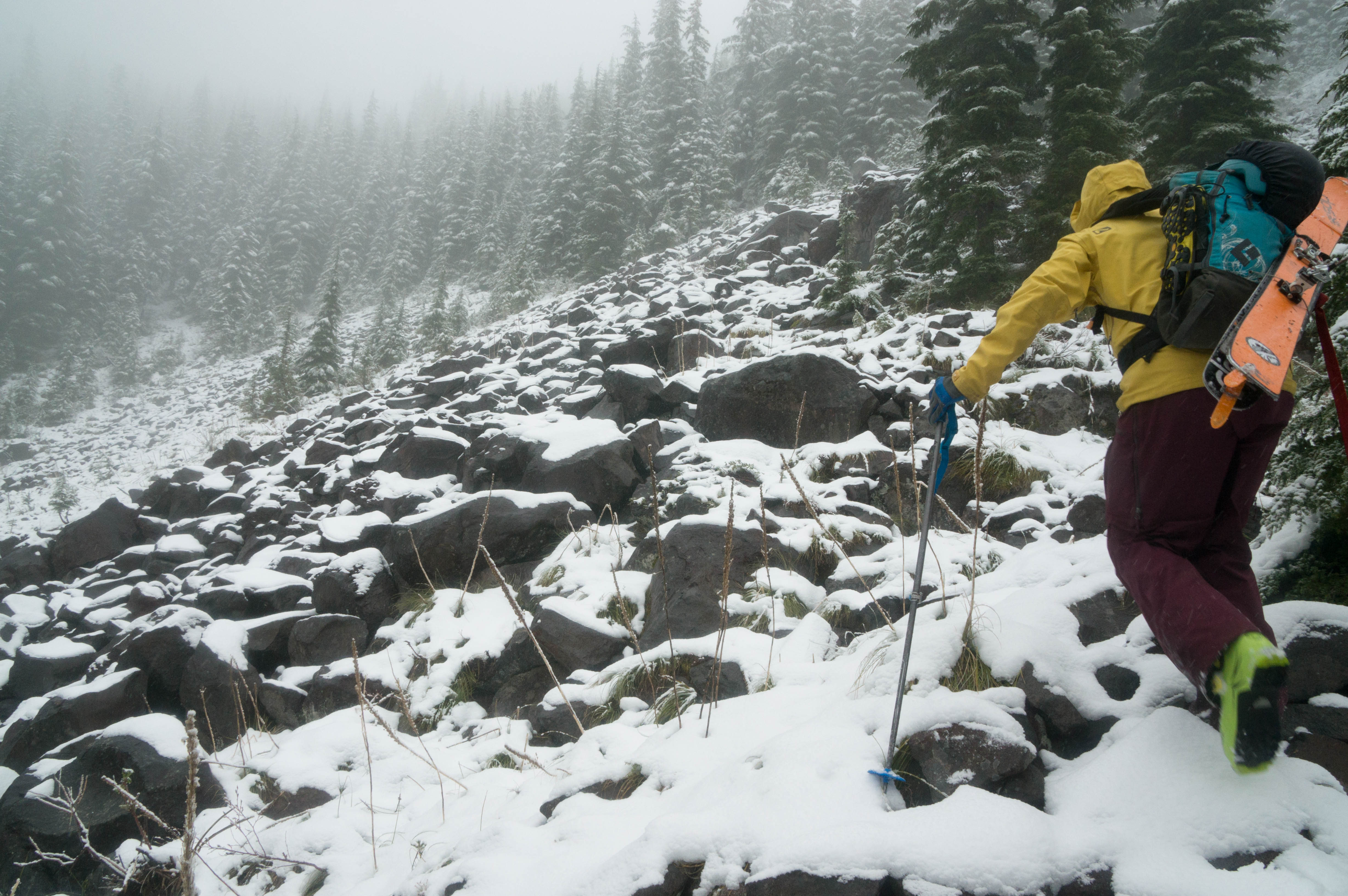 Rain gave way to snow, loam gave way to boulders, and running shoes gave way to ski boots. 