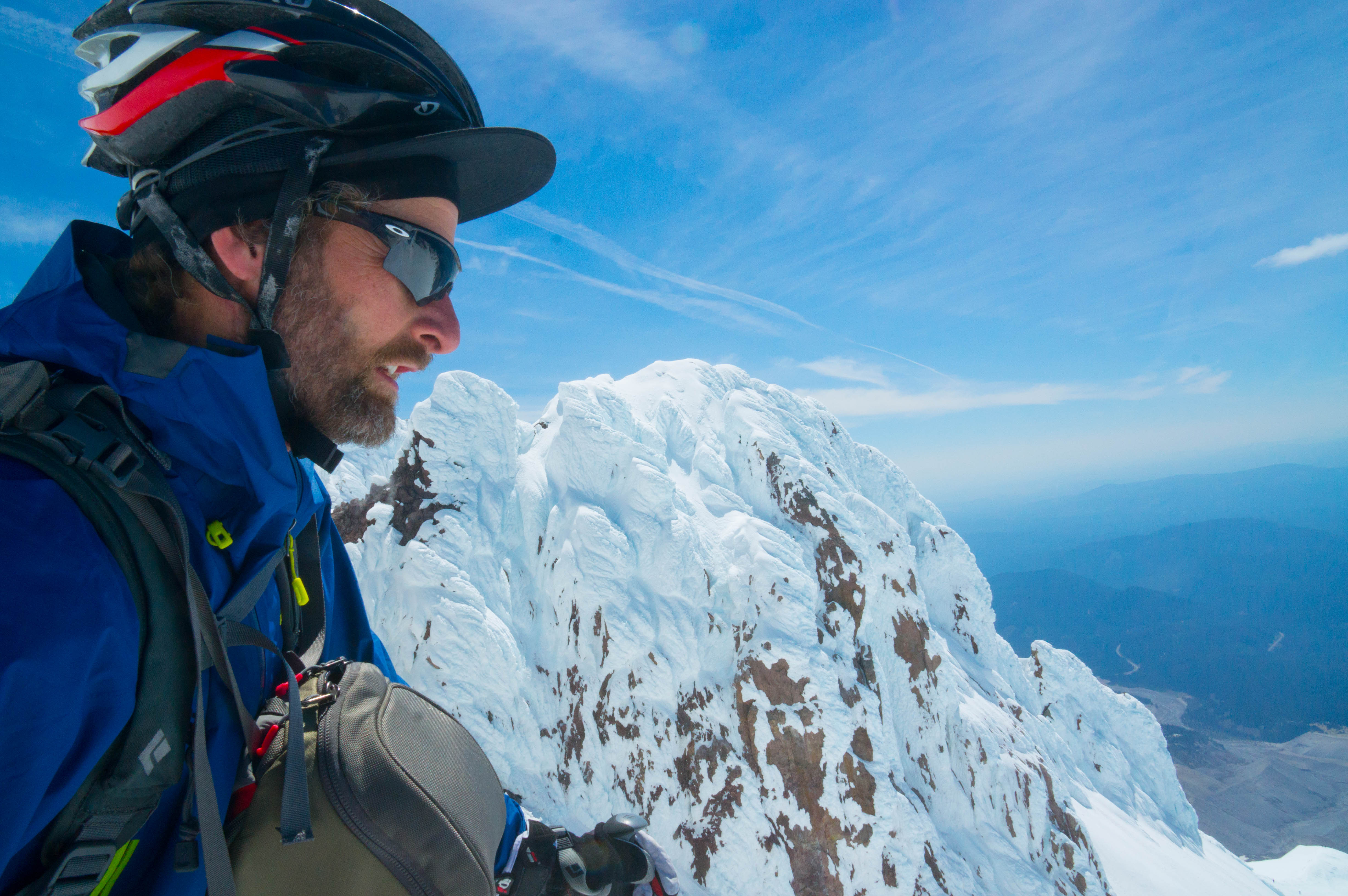 The trip started a little like this. Tom's having a look down our ski line with the Steel Cliffs in the background on Mt. Hood.