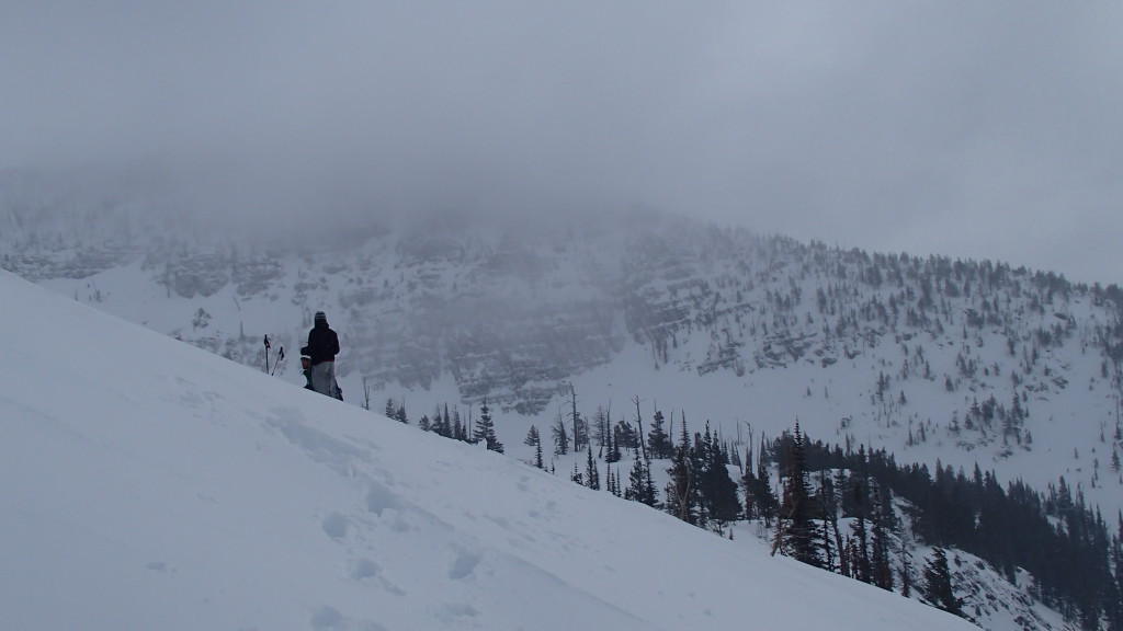 Balancing reward and risk below the East Couloir on Grey Wolf Peak.